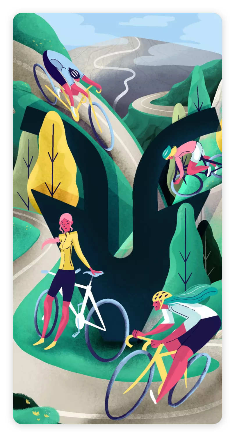 Ilustración ANTILOPE CUSTOM: ciclistas y el isotipo entre montañas